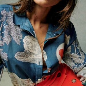 Sezane Blue Floral Print Button-Up Blouse with Red Accent